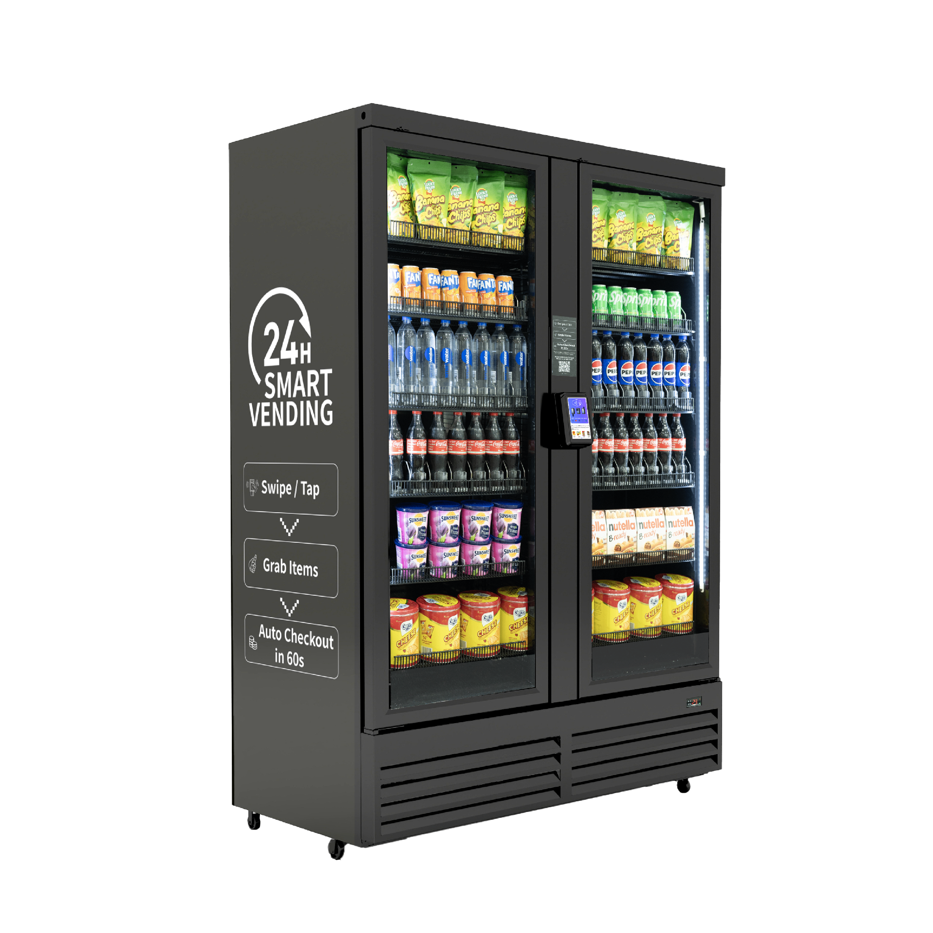 Nimbl Ultra 1200 dobbeltdørs smart kjøleskap fylt med snacks og drikke